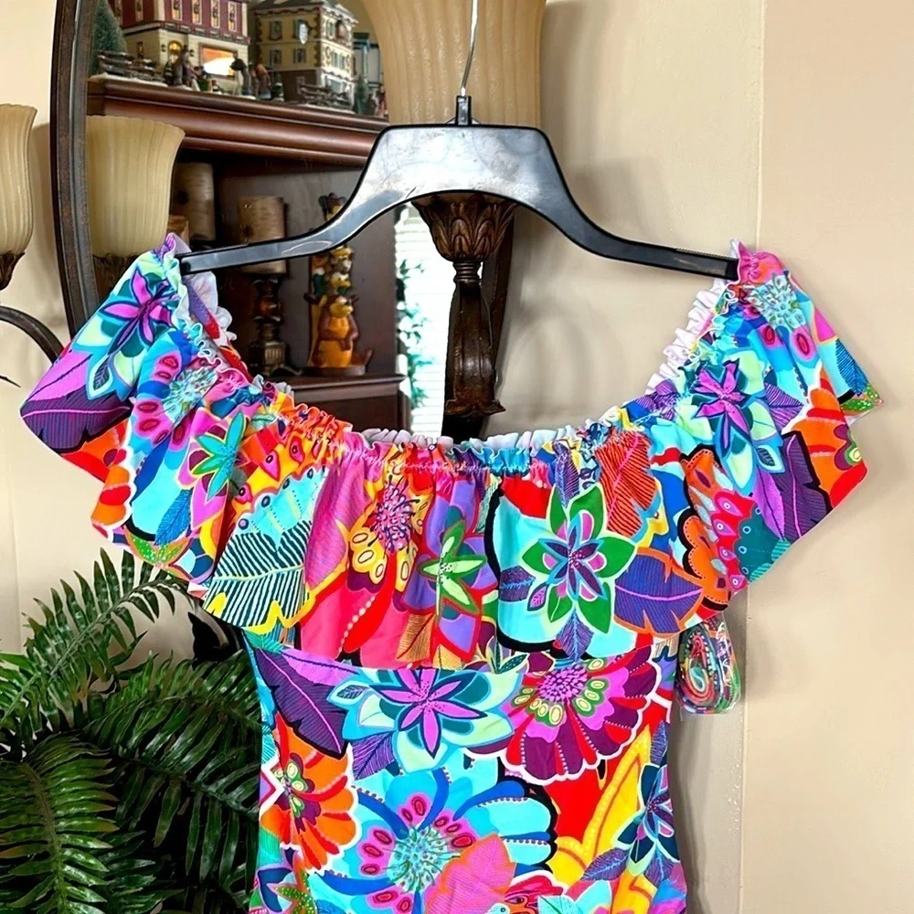 NWT Bleu Rod Beattie Colorful Floral Off The Shoulder Ruffle One-Piece Swimsuit
